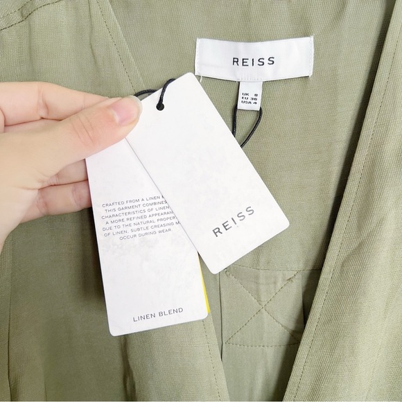 REISS • Emma Plunge Frill Shoulder Dress green midi button front tie waist belt - Picture 5 of 14